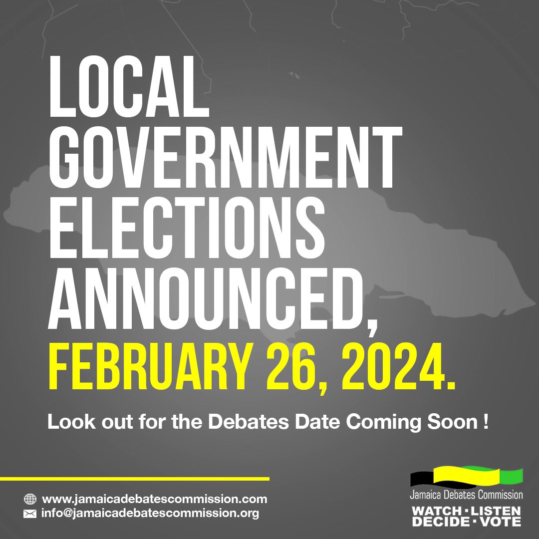 JUST IN:  The Local Government Elections have been announced for Monday February 26, 2024. 
We are gearing up for the Debates, stay tuned to all our pages for more info. 
#WatchListenDecideVote #JLGEDebates2024   #JamaicaDecides2024