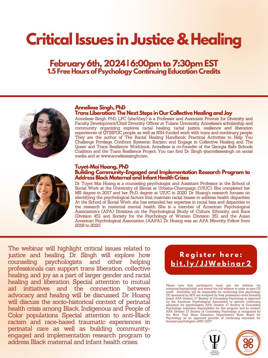 I am so excited about the upcoming @APADivision17 #JusticeJoyHealing activities during the month of February. Up next a webinar on critical issues of justice and healing with Drs. Anneliese Singh and Mai Hoang. Free CEs for psychologists. bit.ly/JJWebinar2