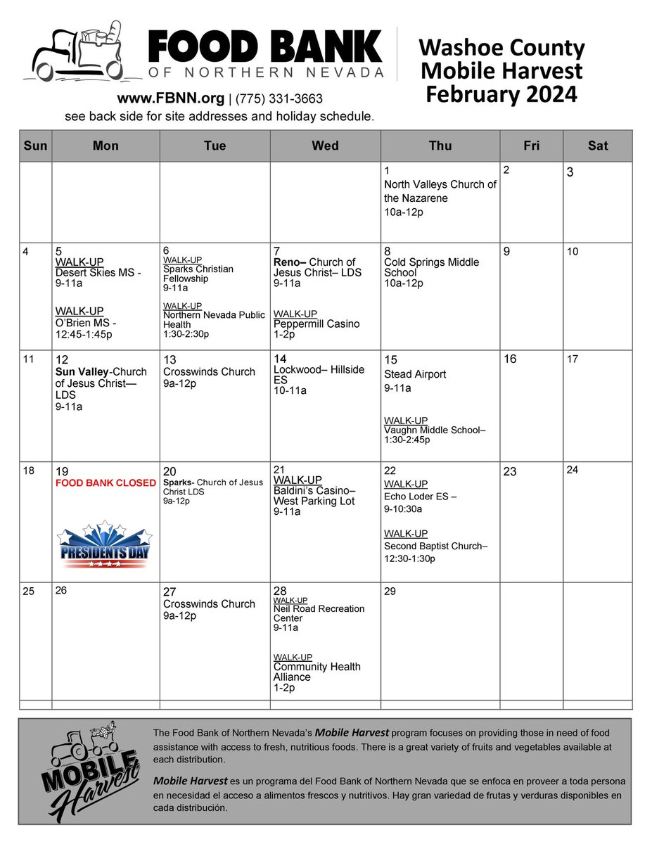 The <a href="/FoodBankNN/">Food Bank of Northern Nevada</a>’s Mobile Harvest program is back! This program provides fresh, nutritious foods to those in need of food assistance. Join them all month long at various locations. They will be visiting our Wells Ave. Health Center on Feb. 28 from 1-2 p.m.

#FoodIsMedicine