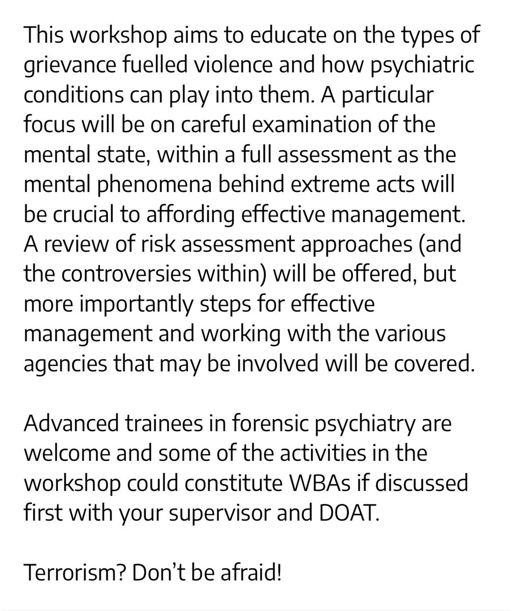 congress.ranzcp.org I am very much looking forward to presenting this terrorism workshop at @RANZCP Congress 2024 with some interstate forensic colleagues. The whole conference program looks excellent! Congrats to convenors @PBFitzgerald and Jeffrey Looi 👏 #psychiatry