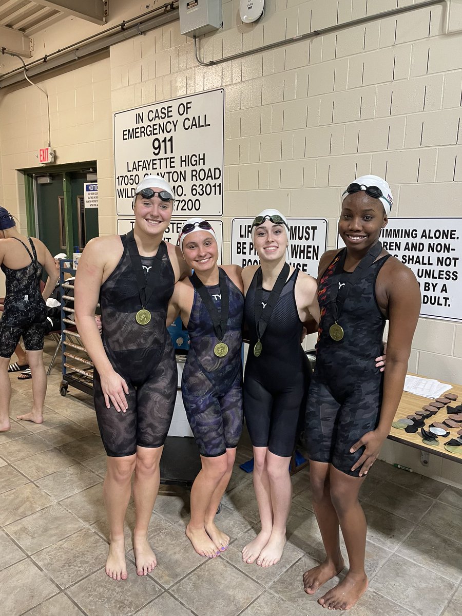 200 medley relay: 

B: Stephens, Enrique, Lynch &amp; Howard take 11th 

A: Robinson, Hicks, Samuelson &amp; Schoessel are you conference champions. 

What goes good with Purple? Gold. 🏅