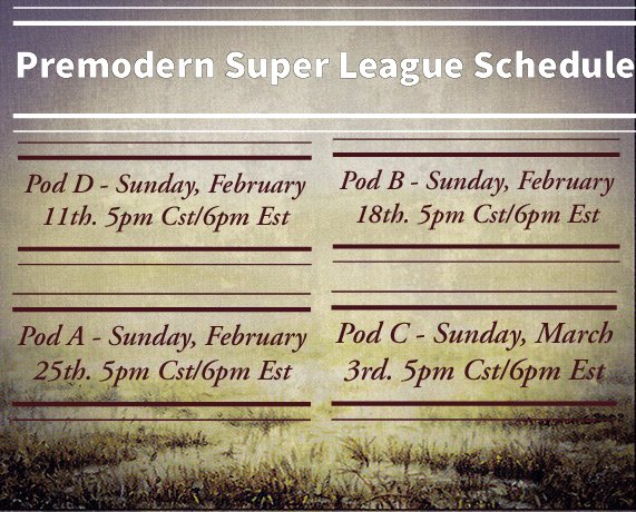 The time has (finally) come! The premodern Super League kicks of Sunday, February 11th with Pod D. Cheer on  <a href="/CloudgoatRanger/">MichaelJHeup</a>, <a href="/PremodernMTGO/">Premodern MTGO</a> Demian Vernieri and Corey Harris as they battle it out in 6 action packed matches at twitch.tv/ivegotquestion….

#premodern