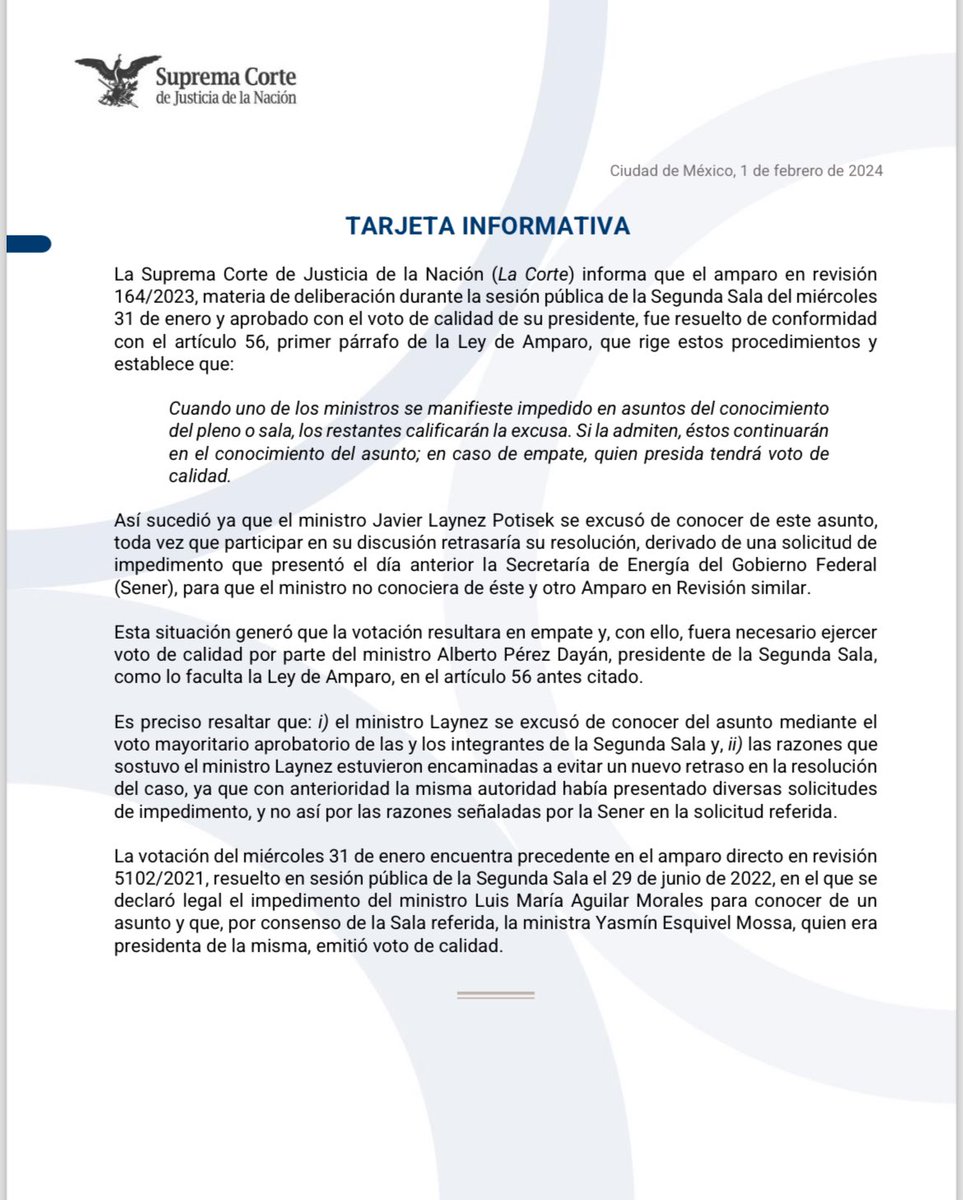 Voto de calidad de las y los ministros en términos de la Ley de Amparo.