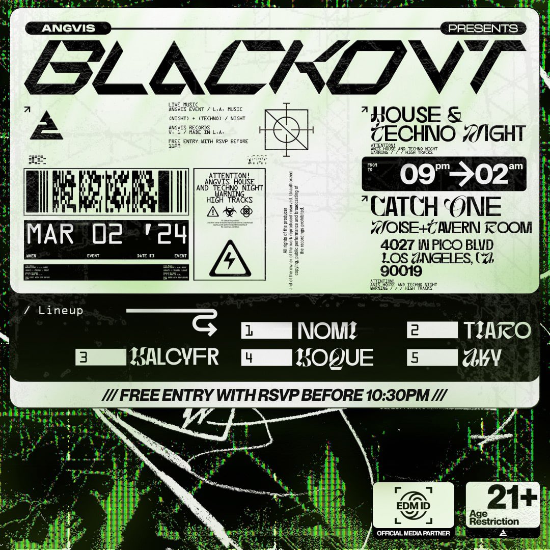 ANGVIS presents its first series of events BLACKOVT featuring the dark sounds from the European House and Techno scene debuting in Los Angeles. Official Media Partner: @edmidentity March 2 2024 Link in bio for tickets. 🔗