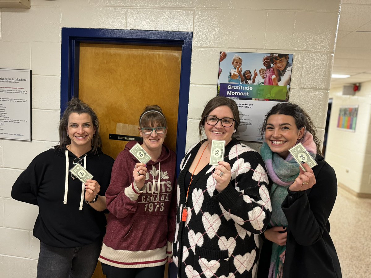 alcdsb_ofat's tweet photo. It is our twentieth week of school and to celebrate as a staff we played “Do you have a 20 in your pocket?”

We have four happy winners and smiles all around! We can’t wait to play again at week 30! https://t.co/hHRDo8fDD7
