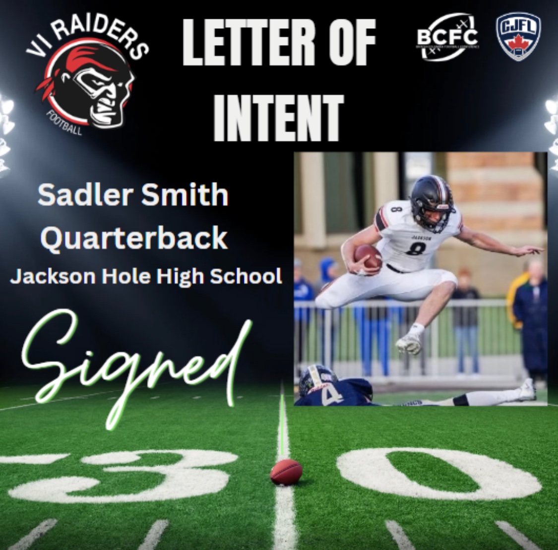 The first 2024 #LetterOfIntent in the #BCFC comes from Nanaimo, where the <a href="/ViRaiders/">VI Raiders Football</a> have signed QB Sadler Smith.  Welcome to the Raiders and the BCFC Sadler!