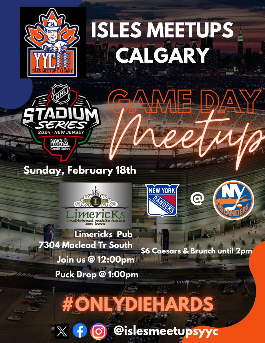 IslesMeetupsYYC's tweet photo. After pregame meetups and an incredible road trips to Long Island and Winnipeg, we are back for the Stadium Series! @Limericksyyc #lgi #yesyesyes #isles #onlydiehards #Calgary @IslesMeetups @IslesMSGN @NHL @NYIslanders @Thomas_Hickey14 🟦⬜️🟧🤠🇨🇦 https://t.co/78NggUZlB3