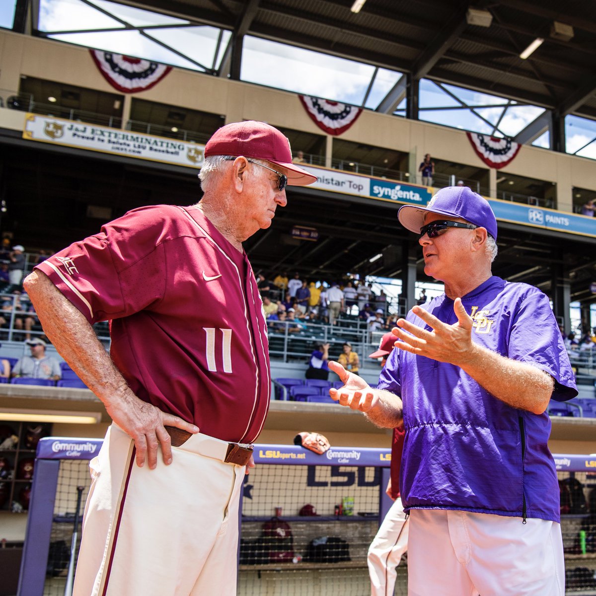 LSUbaseball's tweet photo. A message from Coach Jay Johnson and the LSU Baseball family:

Coach Martin is one of the greatest college baseball coaches ever. During his remarkable tenure, Florida State recruited, developed, and won with a consistency almost unheard of. LSU Baseball sends our condolences to the Martin family, and to the Florida State Baseball family. Rest in peace, 11, very few did it better than you did.