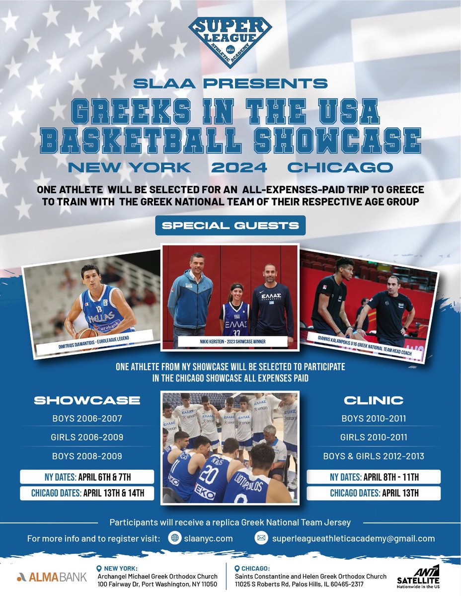 slaanyc's tweet photo. SLAA is proud to once again be hosting the Greeks in the USA Basketball Showcase in Chicago and New York!

NYC Showcase: April 6th and 7th
Chicago Showcase: April 13th and 14th

NYC Clinics: April 8th- 11th
Chicago Clinic: April 13th https://t.co/OvRO1ZrImM