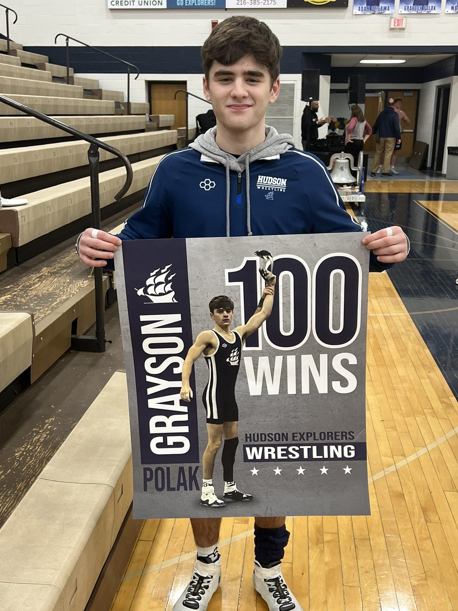 HudsonOHSports's tweet photo. Congratulations to Grayson Polak as he earned career WIN 100 this evening vs Stow!
Incredible accomplishment, Grayson! You have so much to be proud of! A great wrestler and a better young man!
@Coach_Caniglia 
#ExplorerPride
#RollHud https://t.co/PFl2BlYNdc