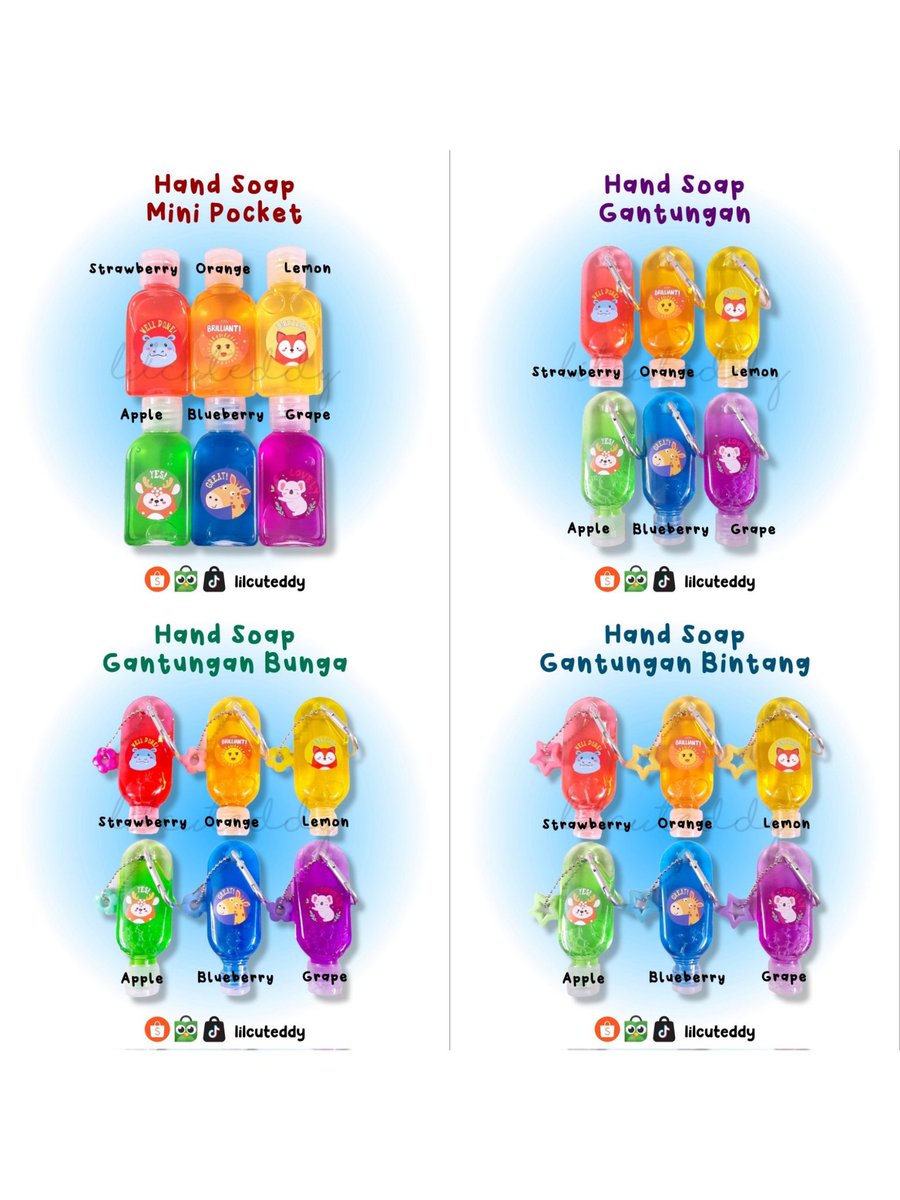Hai, ada hand sanitizer dan hand soap yang warna-warni dan beraroma manis, nih 🥰

Bisa digantung di tas, praktis dan stylish ❤

Murah dan bisa payment dengan berbagai method, termasuk COD 🛒

🧡 shopee.co.id/lilcuteddy

#zonauang #zonajajan