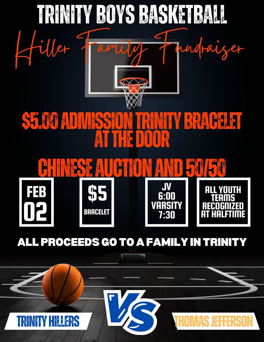💙🏀 Please remember to come out tomorrow for our Annual Hiller Family Fundraiser and see our youth boys basketball teams being recognized at Varsity halftime!  $5.00 Trinity Hiller admission bracelets, Chinese Auction, 50/50 and concession.  💙🏀 <a href="/Trinity_Hillers/">Trinity Athletics</a> <a href="/DefendtheHill/">Trinity Hoops</a>