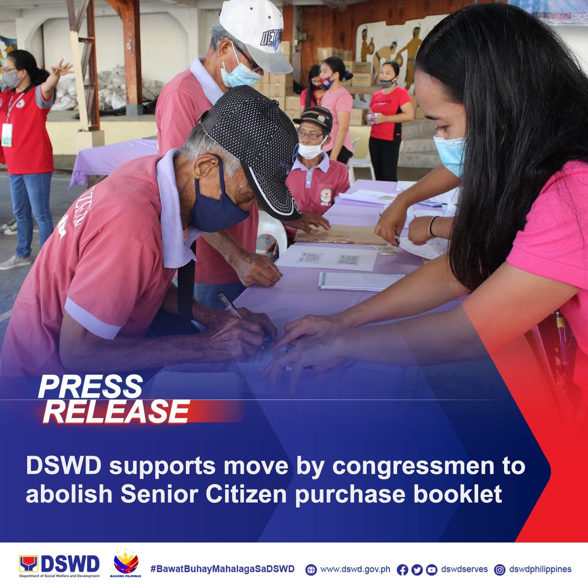 dswdserves's tweet photo. The Department of Social Welfare and Development (DSWD) is supporting the move by two congressmen for the abolition of the Senior Citizen’s purchase slip booklet following numerous complaints coming from the elderly. https://t.co/iKgRHF7srs