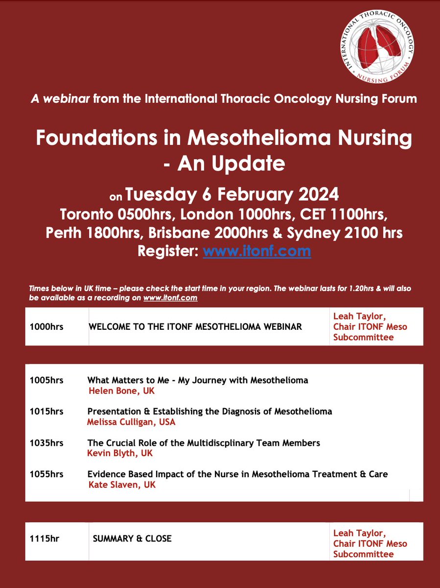 📢#EduAlert Webinar: Foundations in Mesothelioma Nursing – An Update by International Thoracic Oncology Nursing Forum/ITONF @thoracic_forum 📆 February 6, 2024 ⏰ 11:00hrs CET us02web.zoom.us/.../reg.../WN_… Don't miss it! #OncNurse