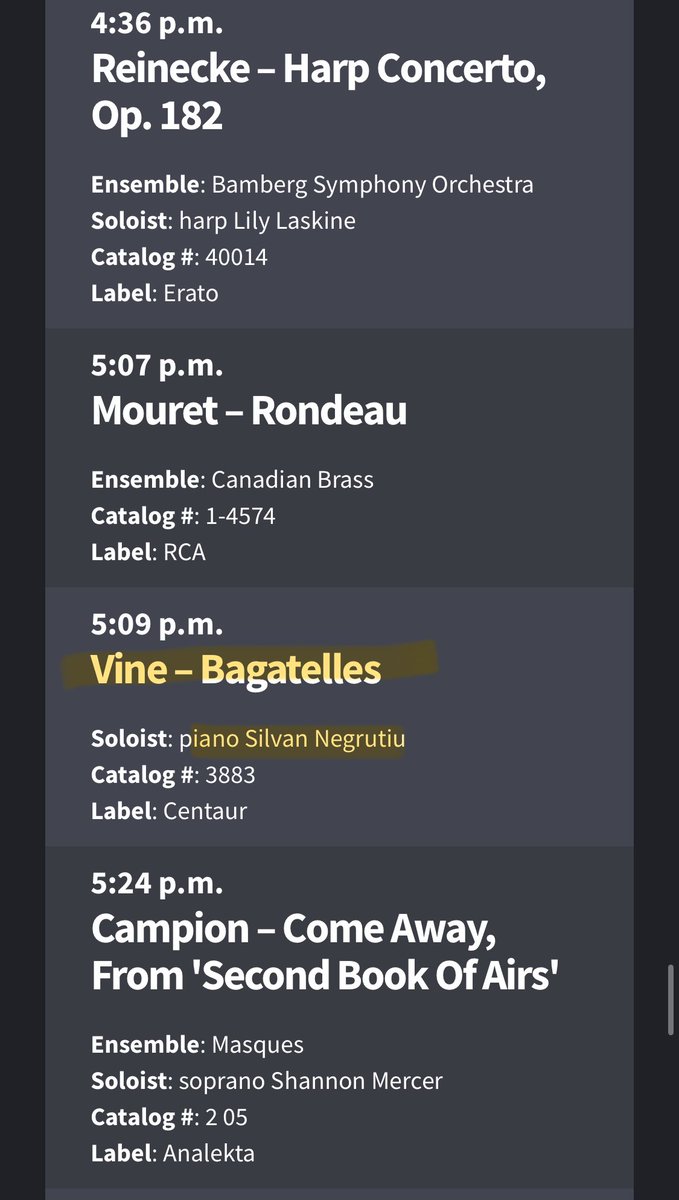 Nice to see my recording of <a href="/carlvine/">carl vine</a>‘s Bagatelles included in Tucson’s KUAT 90.5 FM radio programming for today. 
#Tucson #Arizona #KUATFM #bagatelles <a href="/CentaurRecords/">Centaur Records</a> <a href="/NAU/">NAU</a> #piano #classical #radio