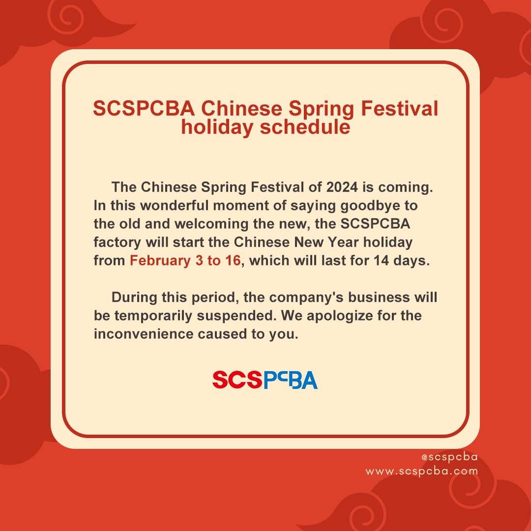 scspcbaOfficial's tweet photo. ❤️(Holiday Notice)!!!
The Chinese Spring Festival in 2024 is coming.SCSPCBA factory’s New Year holiday is from February 3-16th.🥳

#pcba #pcb #scspcba #ChineseNewYear https://t.co/7xFc2j271b