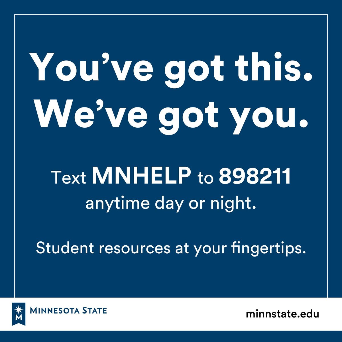 cdcmorrisonmn's tweet image. You’ve got this. Minnesota State has you. They've created a tool to help you, the student, access resources around the state. Don’t wait! Check it out now: minnstate.edu/admissions/stu…

#MNState #MNStateColleges #MNStateUniversities #CollegeStudents #StudentResources