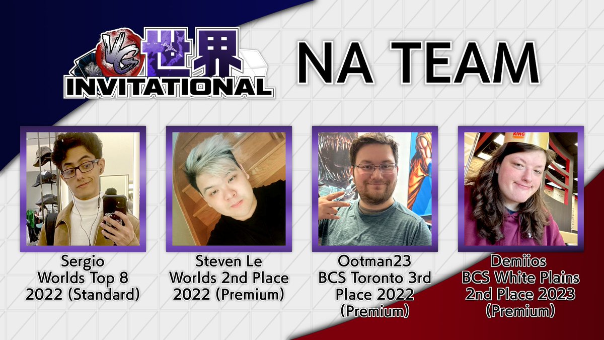 ❗️#VGWI TEAM INTRODUCTION ❗️
Team North America/アメリカチーム: 
Standard Players/Dスタン枠:
<a href="/D3miios/">Demiios</a> 
@SergioR99652920 
Premium Players/Pスタン枠:
<a href="/teeminuseven/">Steven Le | Suo @ WCC</a> 
<a href="/Ootman23/">Ootman23 | Alec G 🪶</a> 
Watch them compete at 12:30 JST, February 4th!