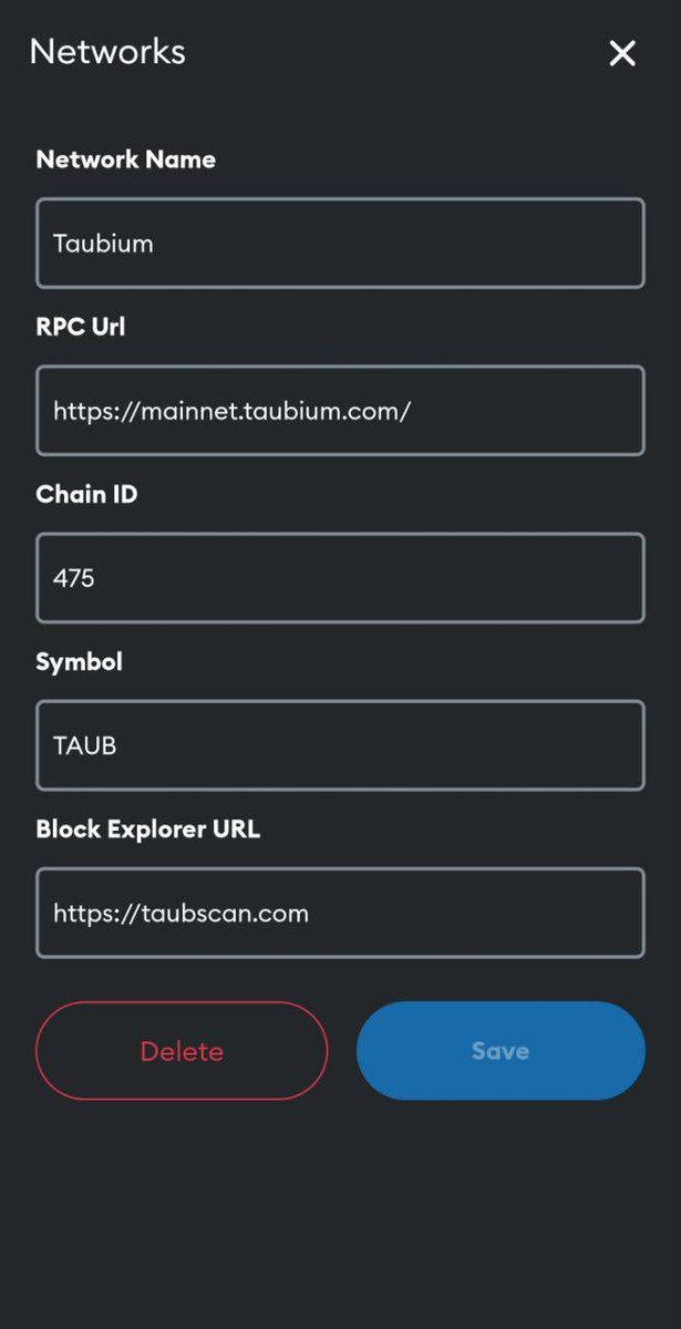 taubium's tweet photo. It's Official. You can now add TAUBIUM to your Metamask   
RPC url    https://t.co/PBXxhuaAlp
Chain ID    475
Blockchain explorer https://t.co/y8Kv4tzP30 
🚀

#Taubium #TAUB https://t.co/FP280SJl4m