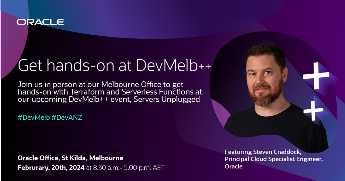 nagadv's tweet photo. Join us on the 20th of Feb at our #Melbourne office for networking &amp; a #developer workshop! Lead by @Oracle's Principal Cloud Specialist Engineer, Steven Craddock, this workshop is an opportunity to get hands-on with #Terraform &amp; #ServerlessFunctions
https://t.co/PLnuv0Jw8k https://t.co/MPBDz0b2uc