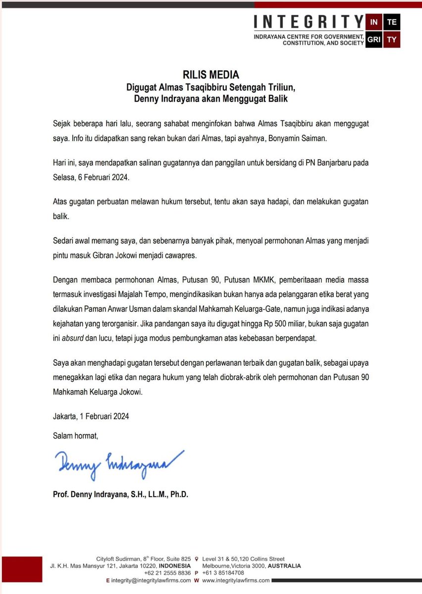 dennyindrayana's tweet photo. https://t.co/cDEvWfLJWc

Saya akan hadapi gugatan setengah triliun Almas tersebut dengan perlawanan terbaik dan terhormat. Saya juga akan melakukan gugatan balik kepada Almas yang membuka pintu terjadinya Mahkamah Keluarga-gate, dan  putusan Paman Anwar Usman untuk Gibran Jokowi. https://t.co/qWIPN1mI4t