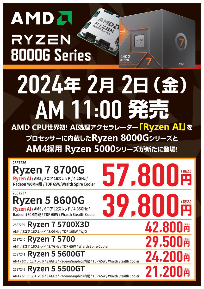 ✨✨AI搭載CPU「Ryzen 8040」発売！！✨✨

#Ryzen #8000G #RyzenAI 
#OAナガシマ #ZOA #沼津 #三島 #駿東郡清水町