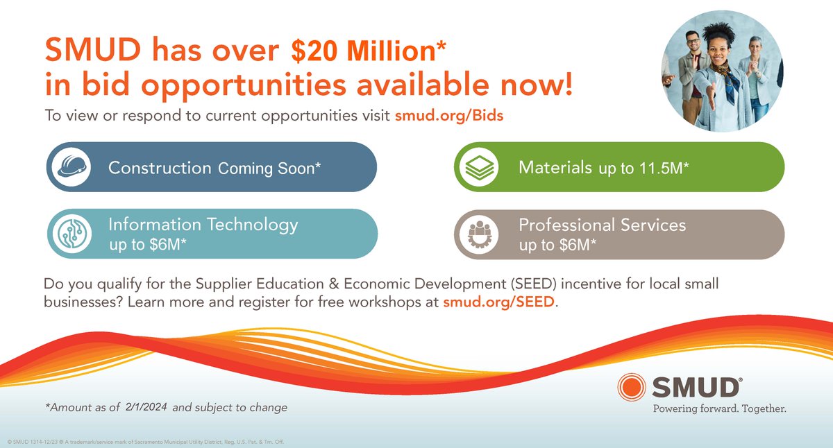 ReimagineMackRd's tweet photo. SMUD currently have over $20M in contracts available! Click on the links below for more information:
https://t.co/A6GRmAqhuB =SMUD Solicitation Portal
https://t.co/dNLfnShrcX = Small business contract opportunities (https://t.co/qDYF9eeI0u) https://t.co/LmHeIC3iui