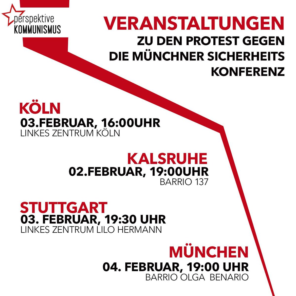 Perspektive_K's tweet photo. Am Wochenende finden 4 Info-Veranstaltungen zu den Protesten gegen die Siko und Antimilitarismus seit 45 statt. Freitag in Karlsruhe, Samstag in Köln und Stuttgart und Sonntag in München.
Wer will kann gerne unsere Materialien für eigene VAś nutzen:
https://t.co/bf9zyoGYWV https://t.co/BJUj7ACEnJ