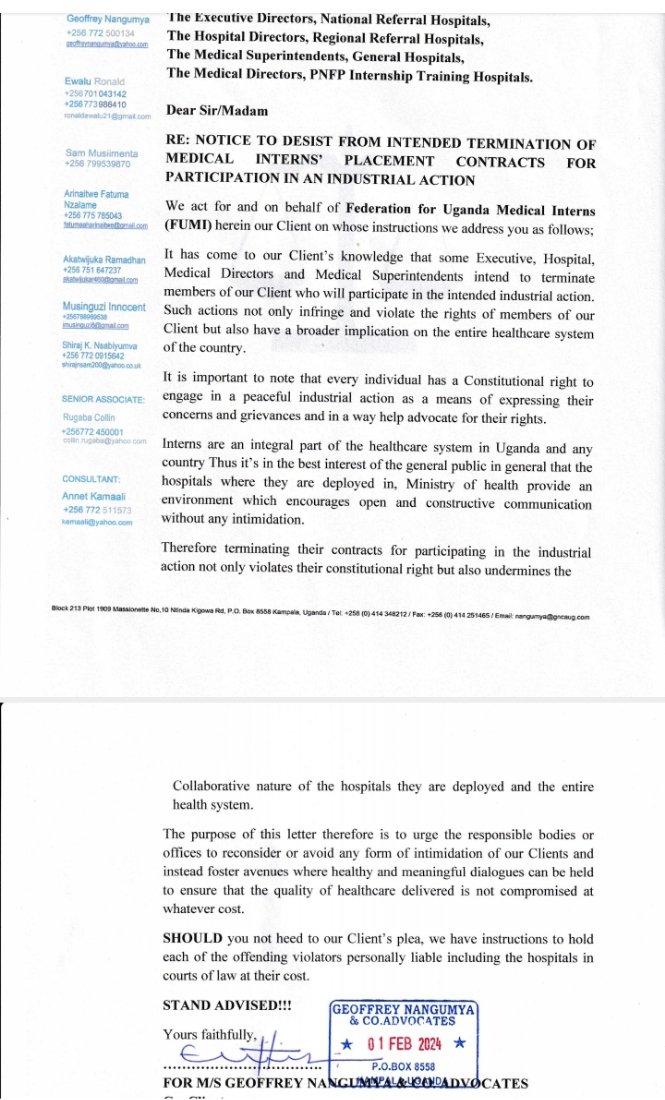 BillAdrati's tweet photo. LEGAL NOTICE ALERT 
It has come to our attention that, there is intense intimidation from hospitals towards medical interns. 
✓ No hospital has powers to terminate an interns contract on account of IA
✓ The illegality shall be challenged in courts of law
@ainbyoo @MinofHealthUG https://t.co/17EA21JSlI