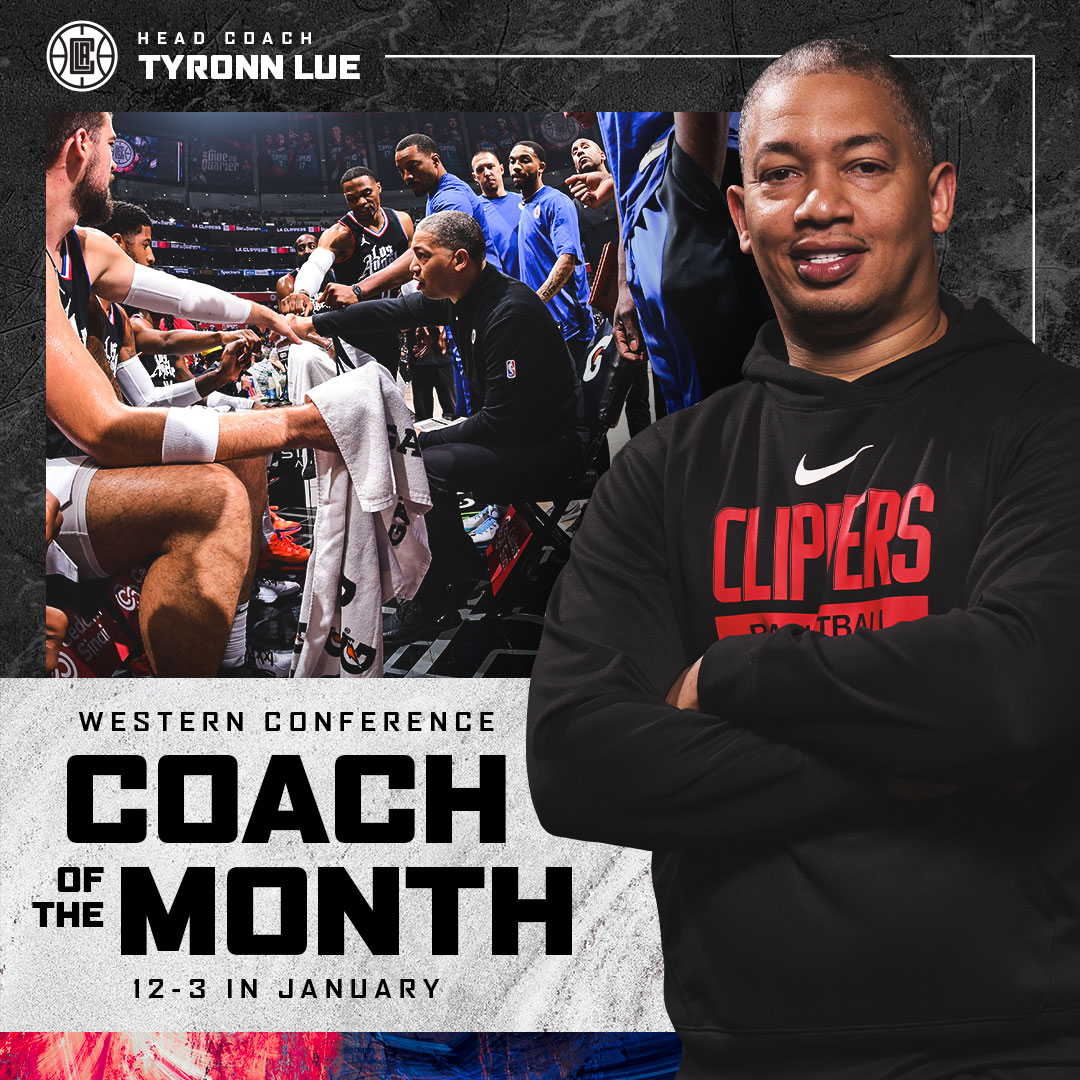 11-2 in December ✔️
12-3 in January✔️

Congrats to Head Coach Tyronn Lue on being named back-to-back <a href="/NBA/">NBA</a> Western Conference Coach of the Month!