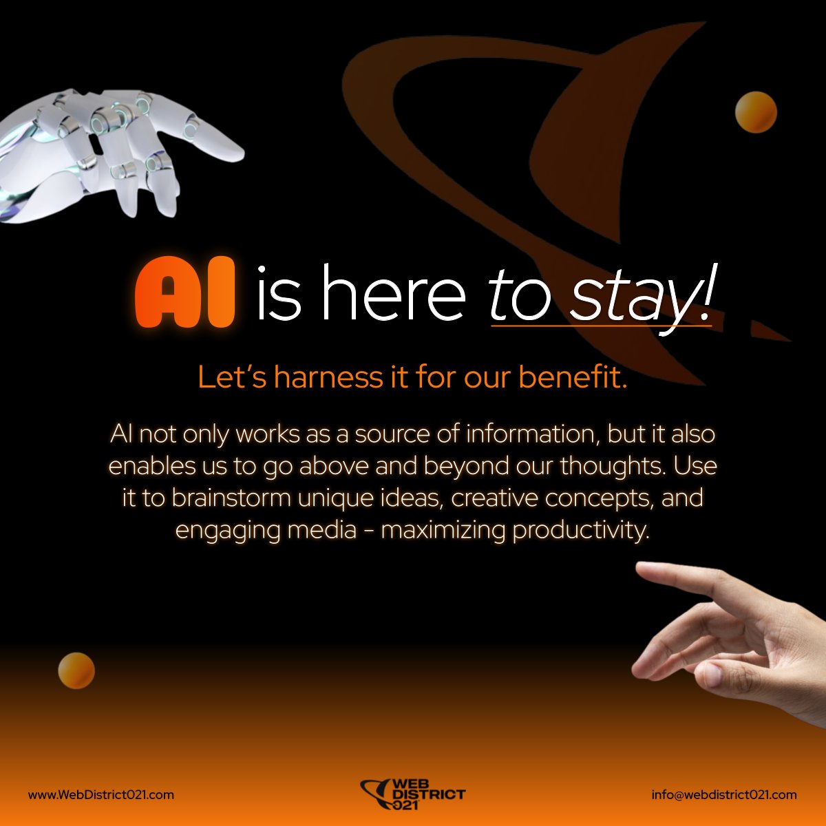 WebDistrict021's tweet photo. AI is here to Stay! Let’s harness it for our benefit.
AI not only works as a source of information, but it also enables us to go beyond our thoughts. Use it to brainstorm unique ideas, creative concepts, and engaging media.

#AIRevolution #AIforProductivity #WebDistrict021 https://t.co/q7ZaWgojg9