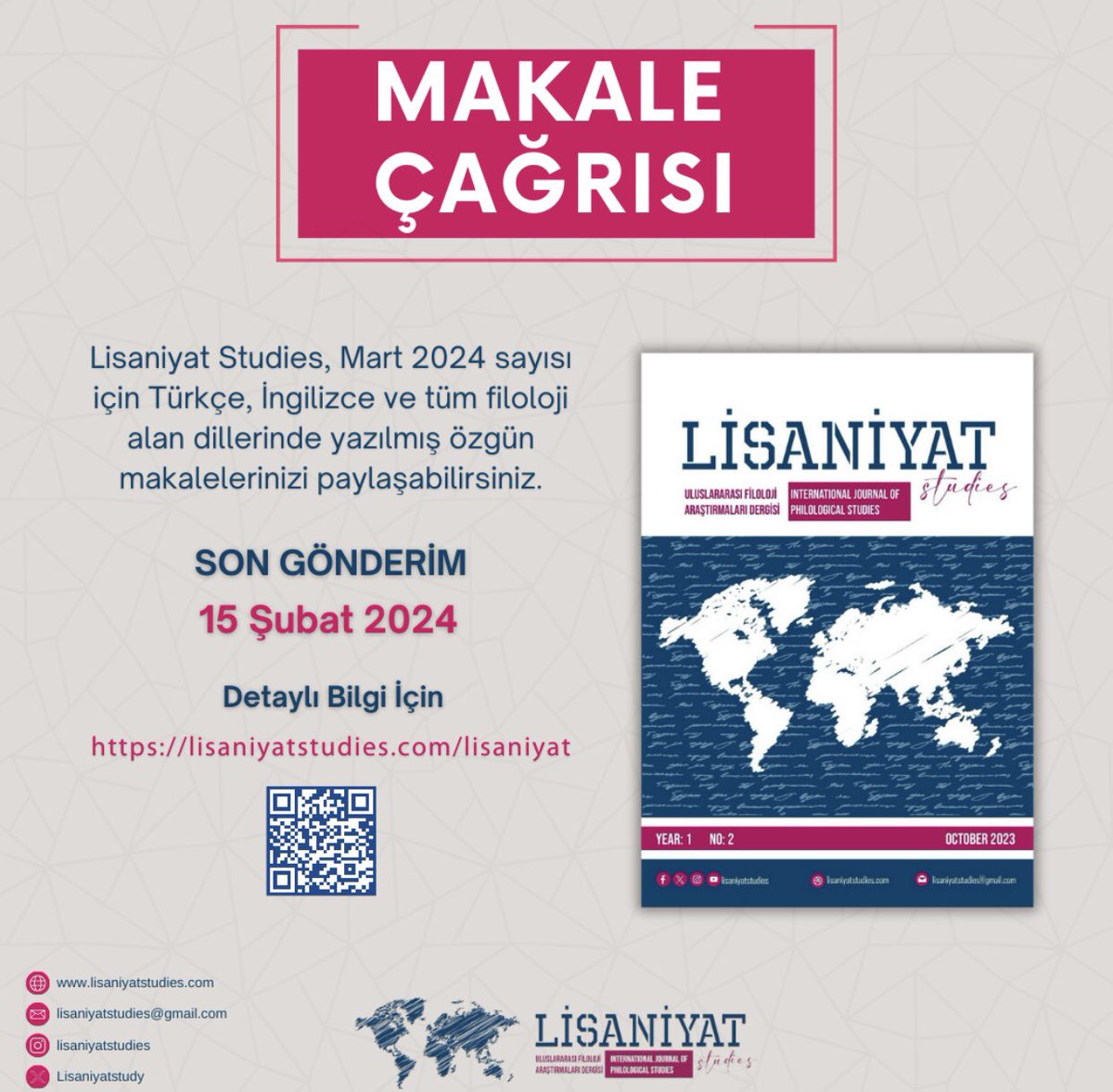 Lisaniyatstudy's tweet photo. Dergimize makale gönderim tarihi uzatılmıştır. Son gönderim tarihi 15 Şubat 2024

https://t.co/kTGQp92eSo https://t.co/ex0WXvlTOJ