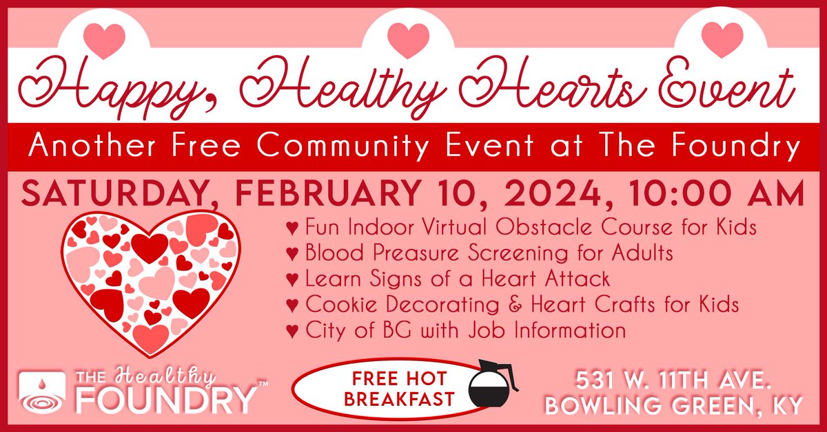 thefoundrybg's tweet photo. Come join us Saturday, February 10, at 10:00 A.M.

There's always something good going on at #TheFoundryBG in #WestEndBG! 

#familyevent
#hearthealthy
#funforallages https://t.co/hgtvHIfbhg