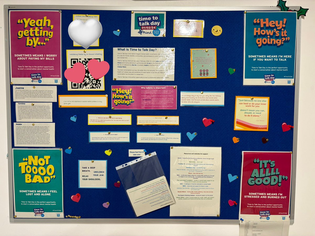 RBHCCUEducation's tweet photo. #TimeToTalkDay @MindCharity 
Bolton Critical Care Units staff display board, encouraging all to talk openly. We also made a list of mental health helpline resources in take away cards for staff to take 🤍 https://t.co/s3gYKYvAlE