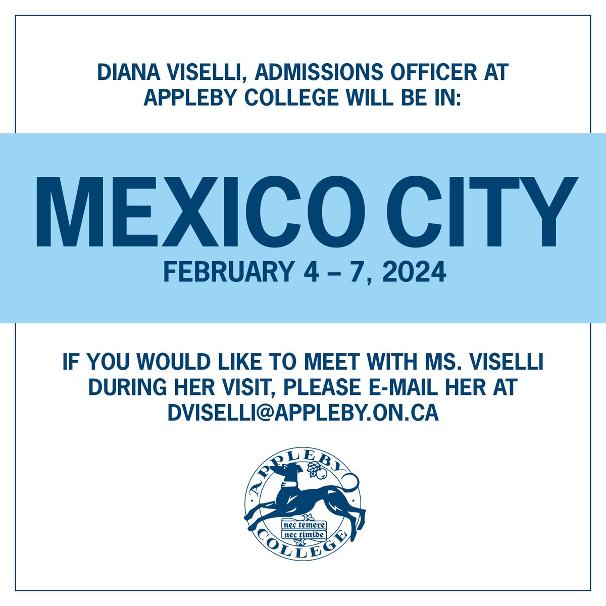 If you would like to meet with Diana Viselli, Admissions Officer, during her visit to Mexico City from February 4-7, please send her an e-mail at dviselli@appleby.on.ca. #ApplebyCollege #independentschool #admissions