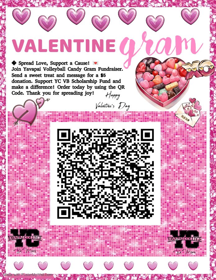 It’s February and Valentine’s Day is approaching! Join our Candy Gram Fundraiser and help out YC Volleyball while sending a treat and message to someone! Scan the QR code to participate 💚💛