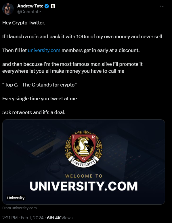 Andrew Tate is launching a crypto scamcoin. 

Last year: "I DO NOT HAVE ANYTHING TO DO WITH ANY CRYPTO... I don't need to rob my fans"