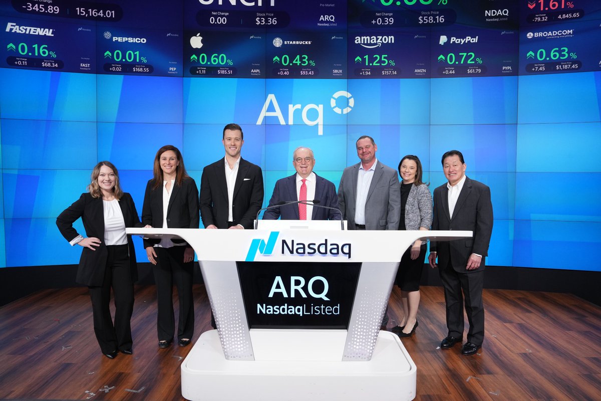 ArqCompany's tweet photo. Today Bob Rasmus, the Chief Executive Officer of Arq led the opening bell ceremony at Nasdaq alongside members of the leadership team, to celebrate the Company's rebrand and first day of trading on Nasdaq under the new ticker symbol “ARQ".

#Arq $ARQ $ADES #ADES #ActivatedCarbon https://t.co/cUEHNphoKg