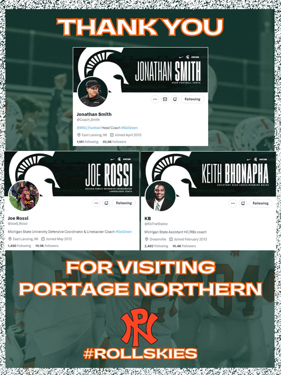 Great having @Coach_Smith, @JoeS_Rossi, and @KbTheStable drop by school today to check out our setup and some @PNHOOPS1 practice! Always a pleasure to have the Green and White in the building! @MSU_Football @PNHuskieFB #RollSkies #PACKstrong