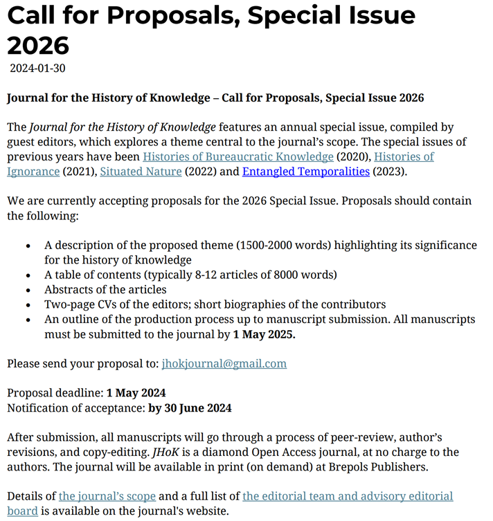 (updated) CALL FOR PROPOSALS: The Journal for the History of Knowledge is now receiving proposals for the Special Issue 2026. The proposal deadline is 1 May 2024. All information is available on our website: journalhistoryknowledge.org/announcement/v…