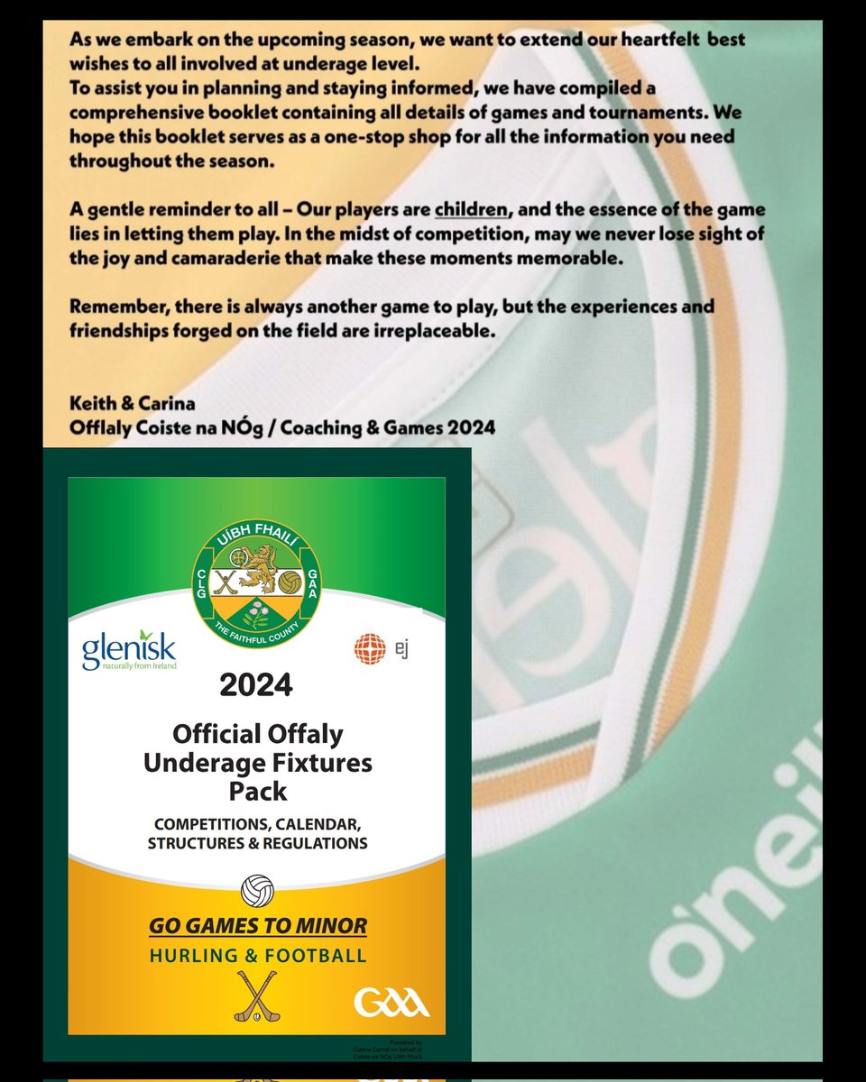 𝙐𝙣𝙙𝙚𝙧𝙖𝙜𝙚 𝙁𝙞𝙭𝙩𝙪𝙧𝙚 𝙋𝙡𝙖𝙣 Offaly Coiste Na NÓg has released a very comprehensive underage fixtures pack for the coming season. The pack includes all Competitions, Calender, Structures, and Regulations from Go Games up to Minor in both hurling and football.…