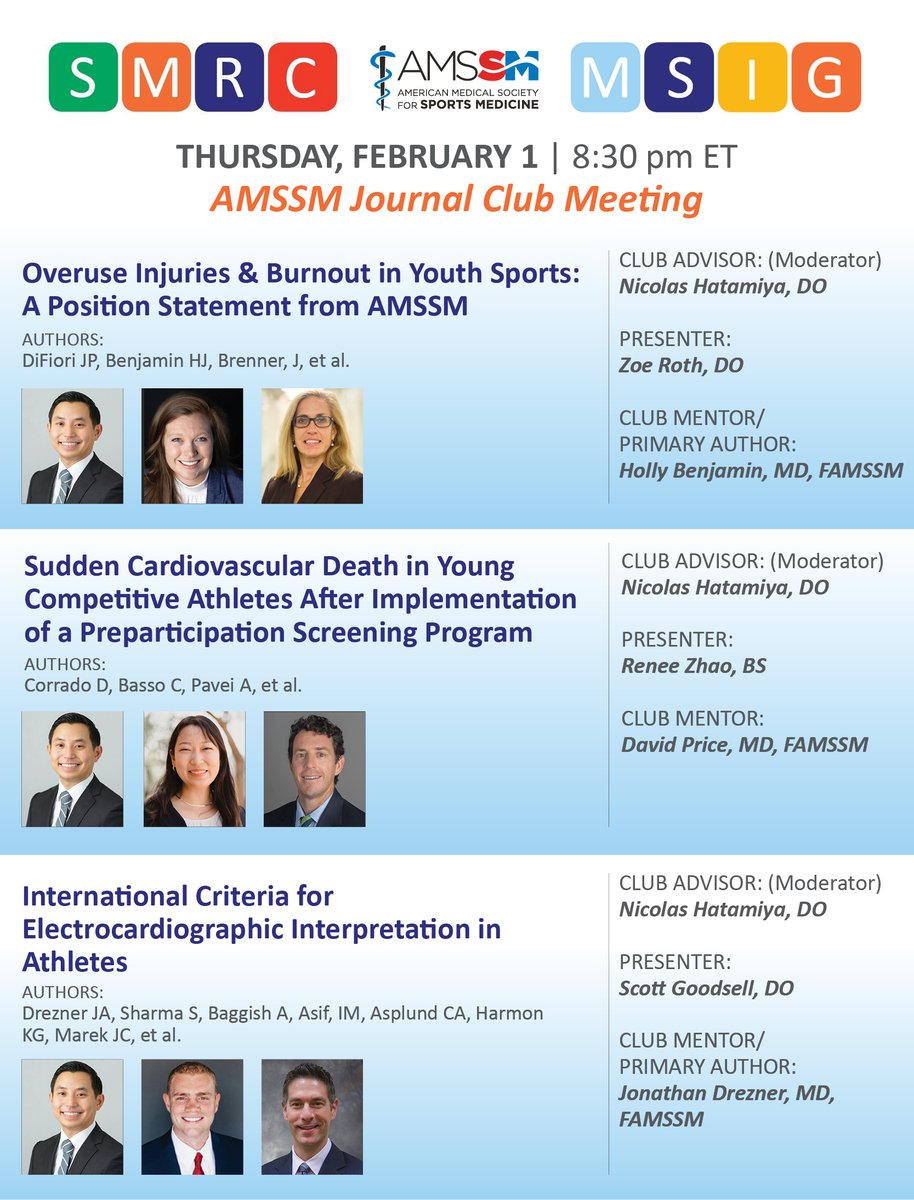 🗣️ Attention Residents and Medical Students!

You won't want to miss tonight's AMSSM Journal Club at 8:30 pm ET, featuring three insightful presentations about Pediatric Athletes and Cardiovascular Considerations. 

🔗 Find the link to join here: bit.ly/AMSSMEvents