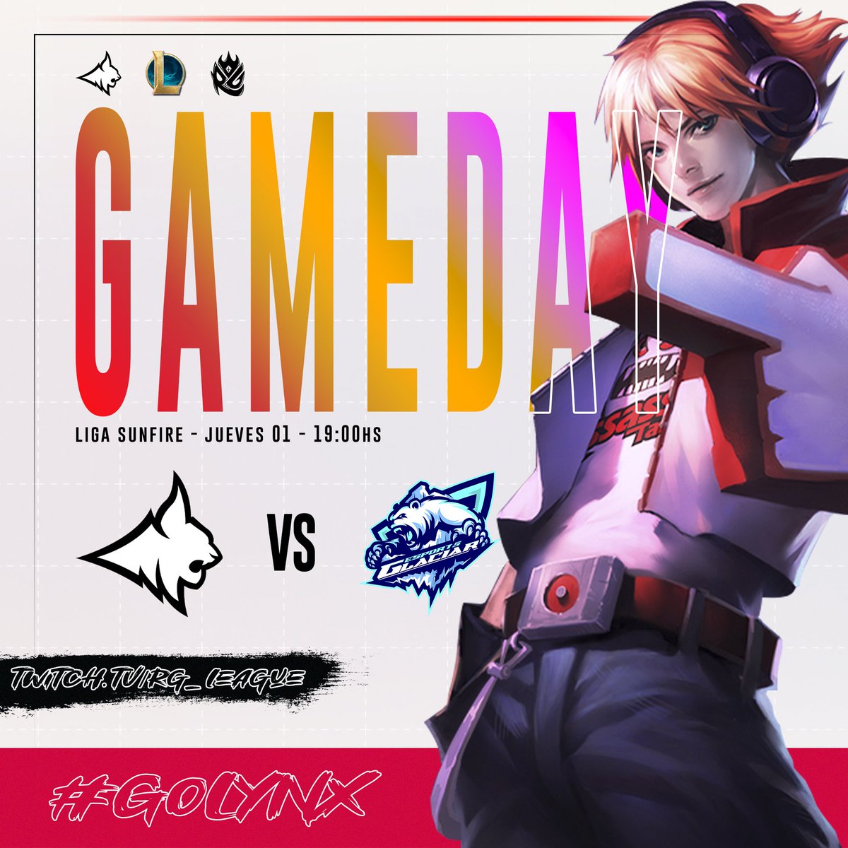 LynxGamingUY's tweet photo. #leagueoflegends | #SunfireRG
Jornada3οΈβ£
En un ratito jugamos en @Real_GamesCL π
ποΈ #GlaciarEsports
β° 19:00hs πΊπΎ
πΊ https://t.co/Um4MoudHfX
#GoLYNX https://t.co/OufTg1dlmD