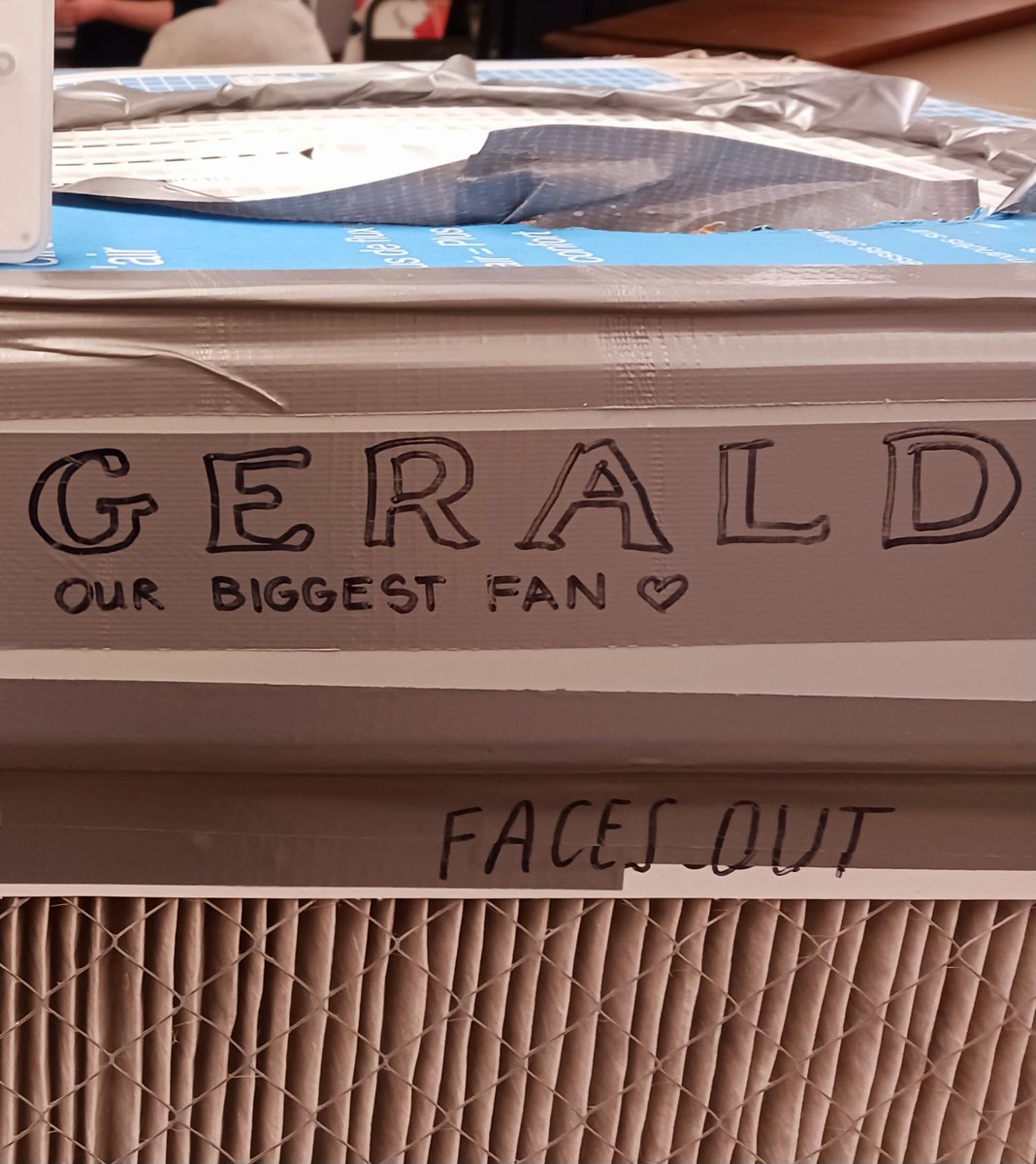 We had a #bced staff mtg today and someone (not me) made sure that a door was opened for #ventilation & the student-made #corsirosenthalbox  ,'Gerald. our biggest fan' ,was turned on. CO2 levels were decent. A few staff in KN95s & N95