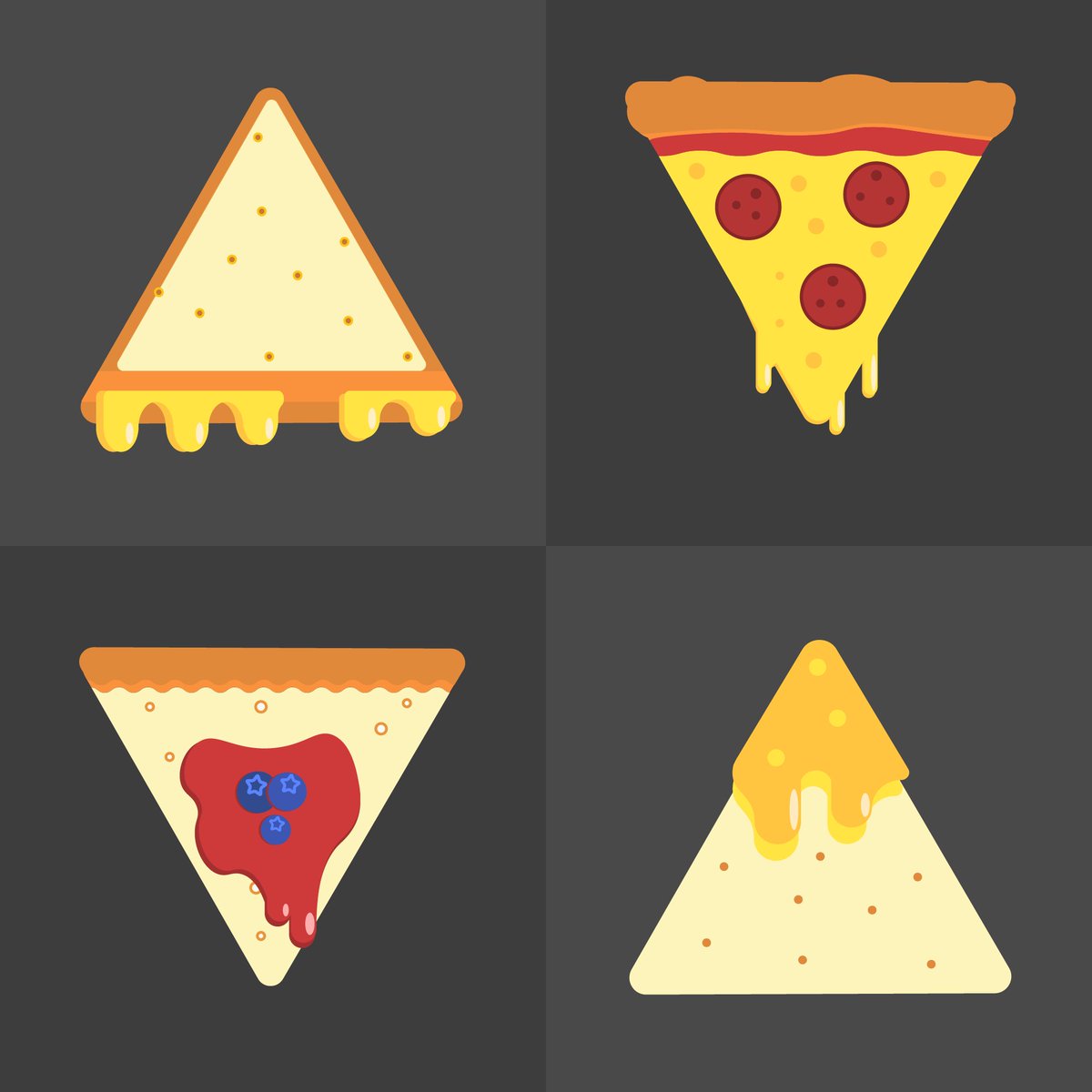 JavaScriptErika's tweet image. I LOVE the challenge of simplicity. One shape, 4 different designs in Illustrator.
Grilled Cheese. Pizza. Cheesecake. Nacho cheese.
Cheese. That's all you need.