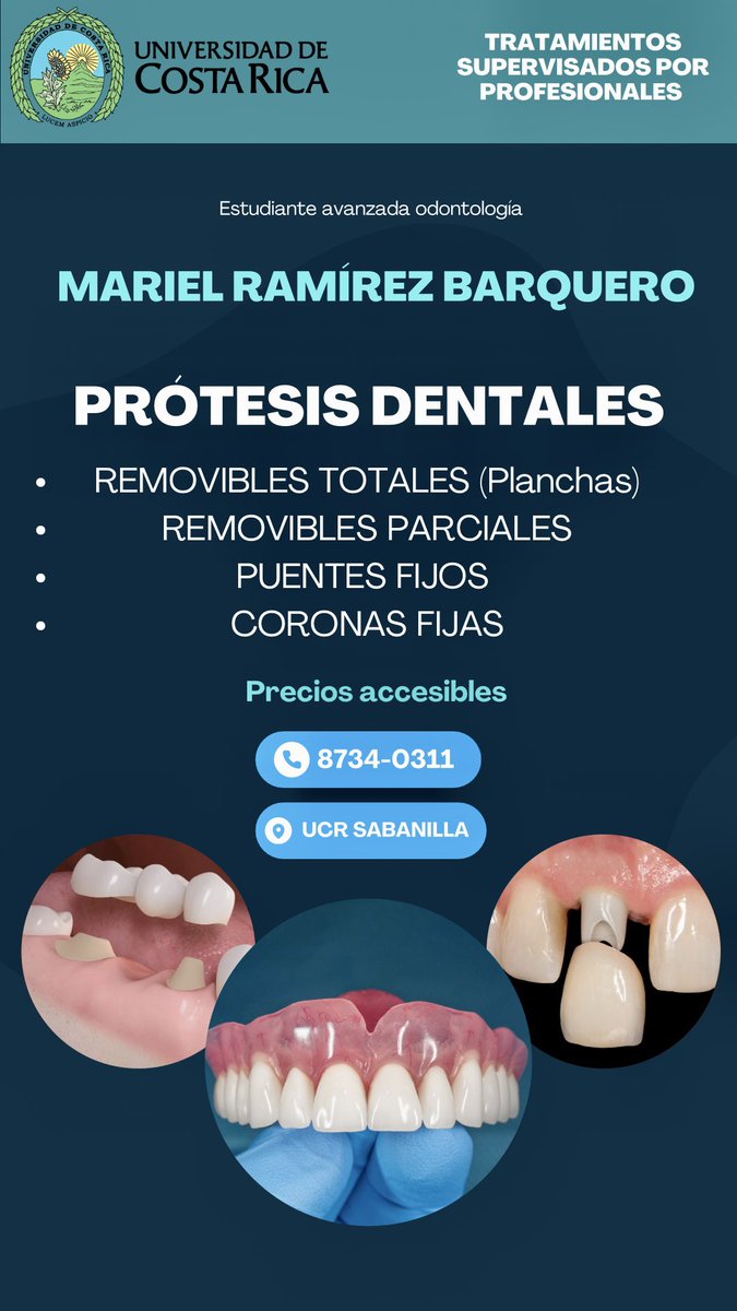 marielvramirez's tweet photo. Hola este es mi 5to año de la carrera de odontología 🦷y voy a estar realizando los siguientes tratamientos dentales: 
📍UCR Sabanilla 
💲Precios ACCESIBLES (Descuento del 15% para adultos mayores)
Contacto: Mariel Ramírez al 87340311
Pueden consultar sin compromiso😊🤍 https://t.co/rMN3A1Cyww