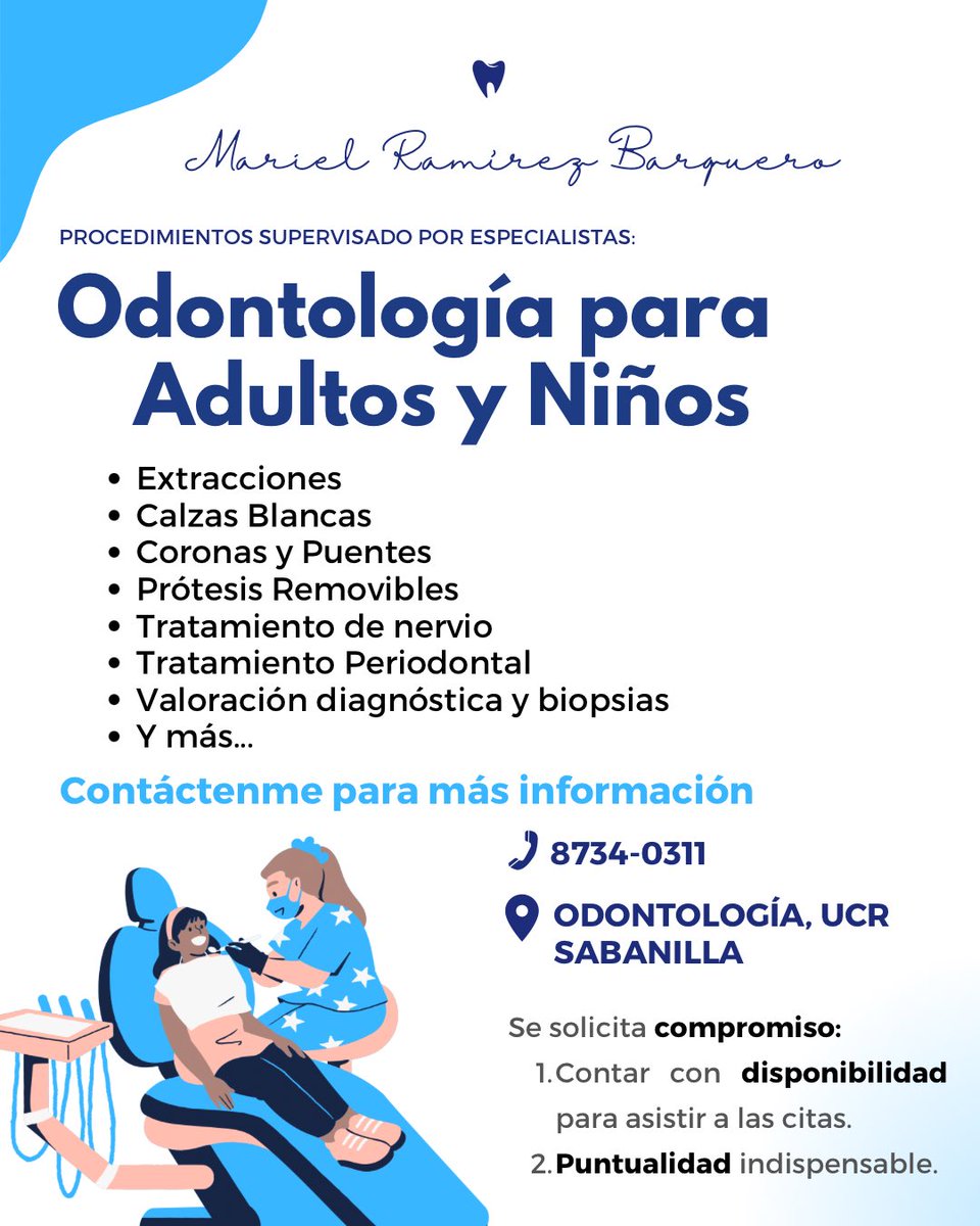 marielvramirez's tweet photo. Hola este es mi 5to año de la carrera de odontología 🦷y voy a estar realizando los siguientes tratamientos dentales: 
📍UCR Sabanilla 
💲Precios ACCESIBLES (Descuento del 15% para adultos mayores)
Contacto: Mariel Ramírez al 87340311
Pueden consultar sin compromiso😊🤍 https://t.co/rMN3A1Cyww