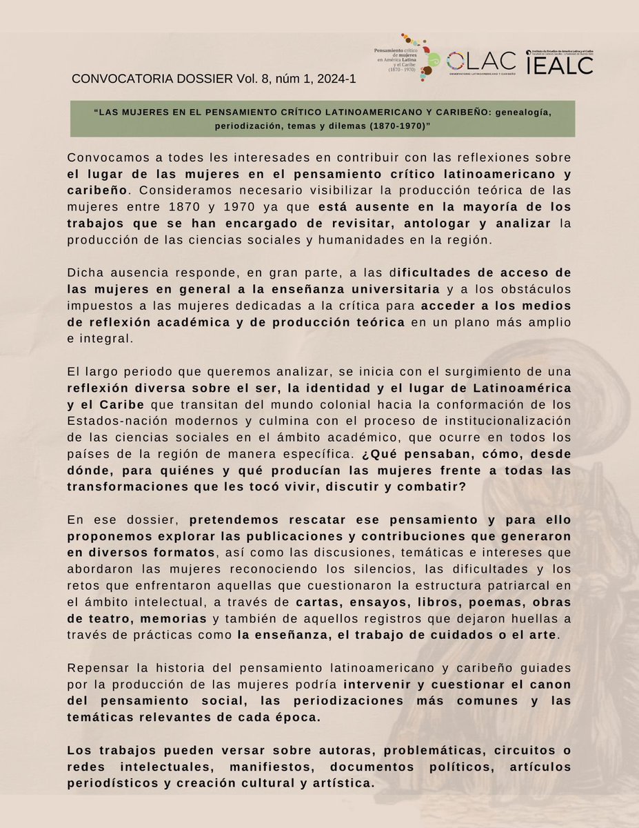pensadorasAlyC's tweet photo. 📣📣CONVOCATORIA📣📣
👁️A partir de hoy hasta el 30 de abril
☝🏽Convocamos a todes les interesades en contribuir con las reflexiones sobre el lugar de las mujeres en el pensamiento crítico latinoamericano y caribeño entre 1870 a 1970
#convocatoria #papiit #Mujeres https://t.co/hhka8WKu9a