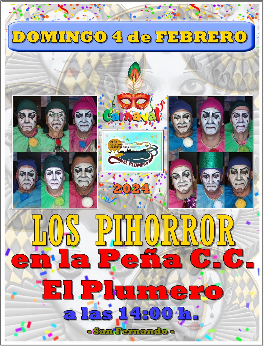 Este domingo...COMENZAMOS!!!

DOMÍNGO 4 de Febrero en las Peñas Carnavalescas de San Fernando (Cádiz) EL PLUMERO y LOS CATAVINOS a las 14.30 y 16.00 horas.

Si queréis echar un buen rato (garantizado) con #losPihorror y #LosHawatanos . 🎭

Allí os esperamos.🌴🥥🥳

#Carnaval2024