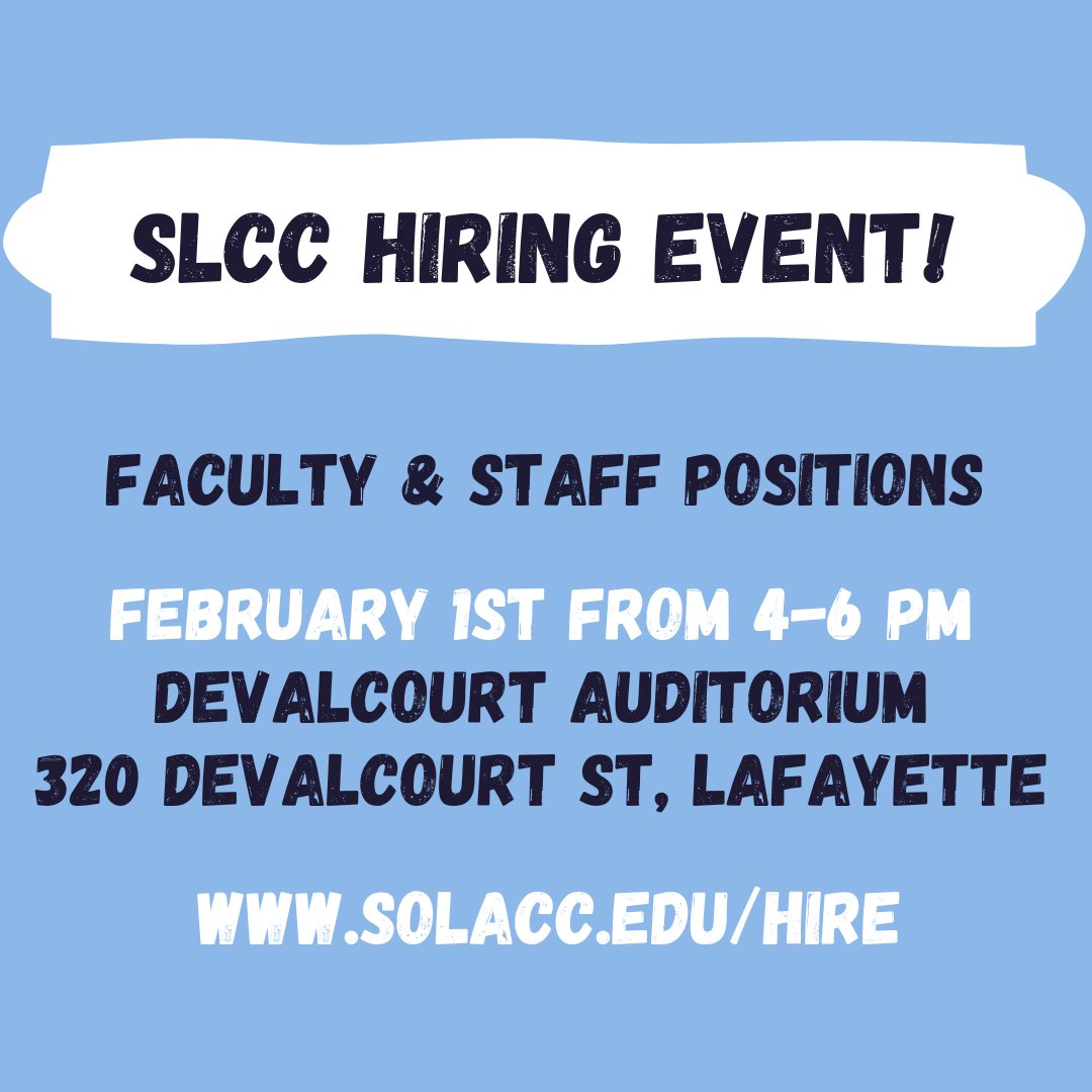 solaccofficial's tweet photo. Come join #TeamSLCC! Our hiring event provides a unique opportunity to explore and apply for open faculty and staff positions.
📅 February 1, 2024
🕙 4-6 pm
📍 SLCC Devalcourt Auditorium in Lafayette (320 Devalcourt St.)
🔗 Preregister: https://t.co/A6ukddGcoa https://t.co/sjpOfFqIgc